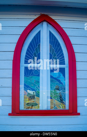 Mit Planwagen und Dampflokomotive, Glasfenster, St. Albans Kirche, Ashcroft, British Columbia, Kanada Stockfoto