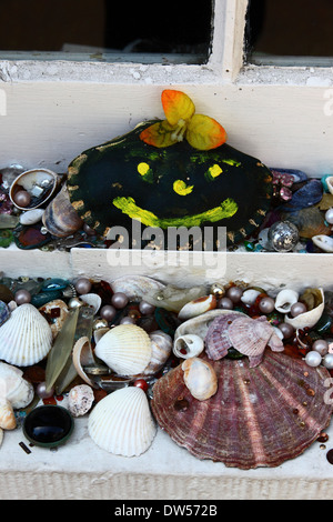 Verschiedene Muscheln auf Fensterbank Hütte in Old Town, Hasting, East Sussex, England Stockfoto