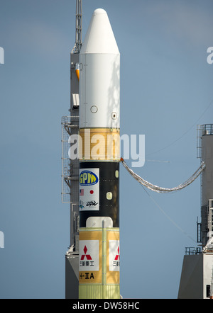 Die Global Precipitation Measurement (GPM) Mission, gestartet vom japanischen Tanegashima Space Center, untersucht Niederschlagsmuster und ihre Auswirkungen auf das Klima mit der H-IIA-Rakete. Stockfoto