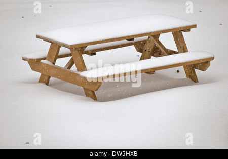 Schneebedeckte, Picknick-Tisch Stockfoto