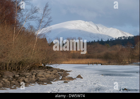 Aufnahmen von einem gefrorenen Derwent Wasser See in den Lake District, England, UK Stockfoto