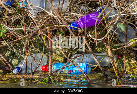 Ausrangierte Plastikflaschen verschmutzen das Ufer eines Flusses. Stockfoto