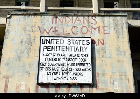 Inder willkommen Graffiti unterzeichnen Alcatraz Island Gefängnis maximale Sicherheit Gefängnis Justizvollzugsanstalt Tourismus San Francisco Stockfoto