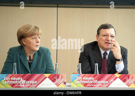 1. März 2014 - Berlin, Deutschland - Bundeskanzlerin Angela Merkel(CDU) hält eine Rede auf der Konferenz "neue Erzählung für EuropeÃ ¢? Â / "A neues Theme für EuropeÃ ¢? Â mit besonderer Beteiligung A Präsident der Europäischen Kommission Barroso(PDS) und Staat Ministerin Monika GrÃƒÂ¼tters(CDU) in Berlin, am 1. März 2014. (Kredit-Bild: © Goncalo Silva/NurPhoto/ZUMAPRESS.com) Stockfoto