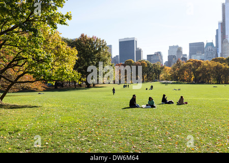 Sheep Meadow mit Skyline in Hintergrund, Central Park, New York Stockfoto