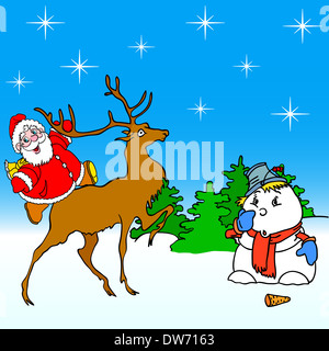 der Weihnachtsmann reitet auf Rehe und Schneemann Stockfoto