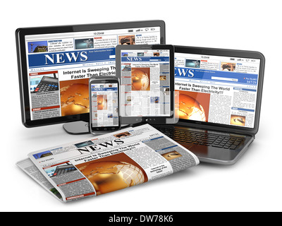 Nachrichten. Medienkonzept. Laptop, TabletPC, Telefon und Zeitung. 3D Stockfoto