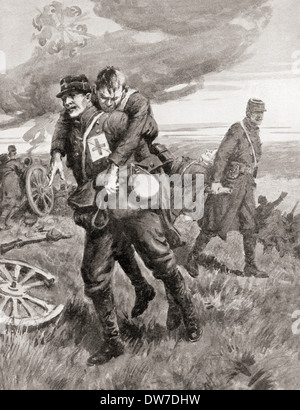 Tragen einen verwundeten französischen Kameraden in Sicherheit, während des ersten Weltkriegs. Aus dem Krieg illustrierte Album Deluxe veröffentlicht 1915. Stockfoto