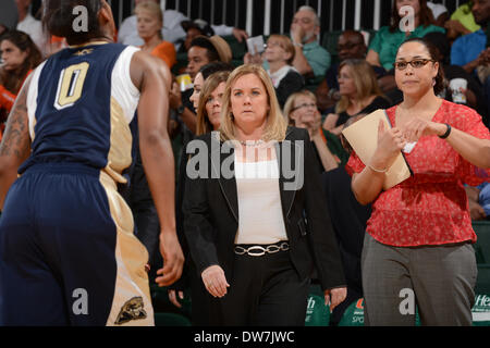 2. März 2014: Headcoach Suzie McConnell-Serio von Pittsburgh in Aktion während der NCAA Basketball-Spiel zwischen den Miami Hurricanes und den Pittsburgh Panthers im Bank United Center in Coral Gables, FL. Die Hurricanes besiegten die Panthers 67-54. Stockfoto