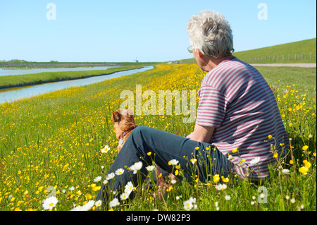 Mensch und Hund sitzt im niederländischen Wattenmeer Landschaft Insel Texel mit Wasser von der Natur Waagejot Stockfoto