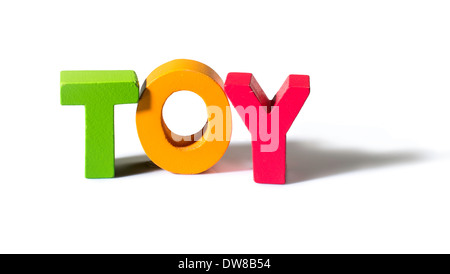 Bunte Text Spielzeug aus Holz. Weißem Hintergrund Stockfoto