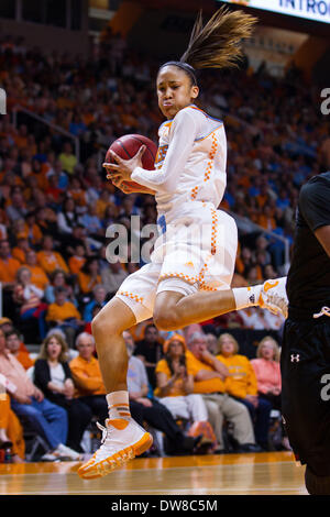 Knoxville, TN, USA. 2. März 2014. 2. März 2014:Meighan Simmons #10 der Tennessee Lady Freiwilligen packt die Erholung bei den NCAA-Basketball-Spiel zwischen der University of Tennessee Lady Vols und die South Carolina Gamecocks an Thompson-Boling Arena in Knoxville, TN © Csm/Alamy Live-Nachrichten Stockfoto