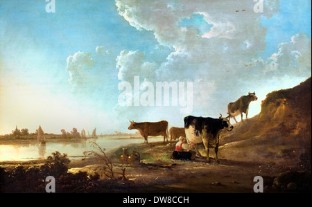 Fluss-Landschaft mit gemolken Frau 1646 Aelbert Jacobsz. Cuyp 1620-1691 Niederlande Niederlande Stockfoto