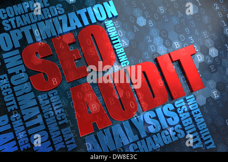 SEO-Audit - Wordcloud Konzept. Stockfoto