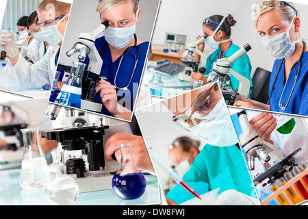 Montage von interracial medizinische Menschen, Männer, Frauen, Ärzte, Krankenschwestern, research-Team im Krankenhauslabor Analyse von Proben Stockfoto