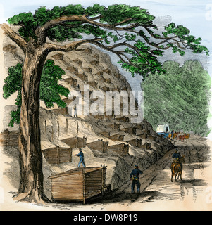 Die Union Army Camp von hillside Hütten während der Belagerung von Vicksburg, MS, 1863. Hand - farbige Holzschnitt Stockfoto