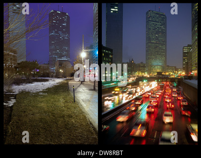 Zusammengesetzte Bild, Boston, vor und nach der Central Artery, Tunnel unter der Stadt verlegt wurde. Boston Massachusetts, USA Stockfoto