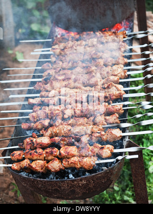Schaschlik Grill am Spieß auf Holzkohle im freien Speisen kochen Stockfoto