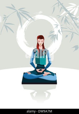 Eine Frau sitzen in der Meditation. Hinter ihr Kalligraphie Kreis, Symbol der Leere. Stockfoto