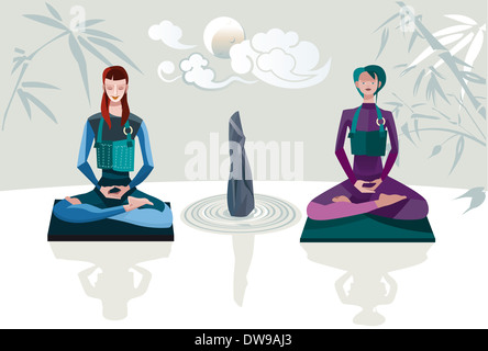 Zwei Frauen sitzen im Lotussitz mit ihre Beine gekreuzt üben Zen-Meditation. Stockfoto