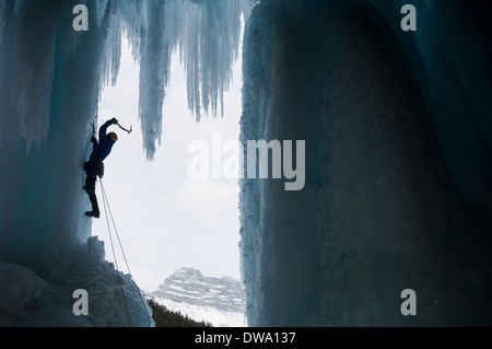 Mann klettert Panther fällt WI 4, Banff Nationalpark, Alberta, Kanada Stockfoto