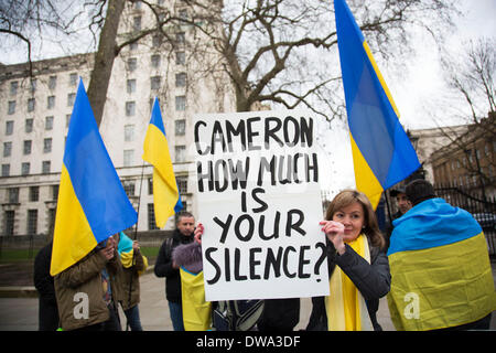 London, UK. Dienstag, 4. März 2014. Ukrainische Demonstranten zeigen außen Downing Street fordern die Regierung des Vereinigten Königreichs, der NATO und anderen Organisationen zu helfen, ihre Autonomie gegen Russland zu schützen und einer souveränen Nation zu bleiben. Bildnachweis: Michael Kemp/Alamy Live-Nachrichten Stockfoto