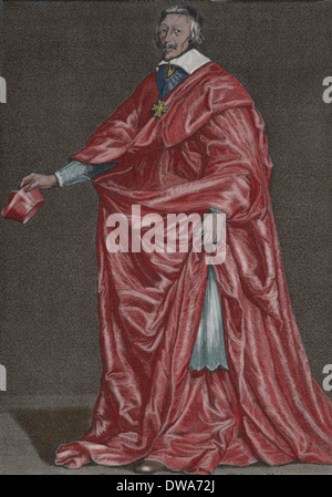 Kardinal Richelieu (1585-1642). Französischen katholischen Geistlichen und Staatsmann. Gravur-Ära. Spätere Färbung. Stockfoto