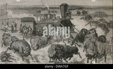 Die Jagd auf den amerikanischen Bison. Kansas Pacific Railway. Westen der USA, 1872. Gravur. Stockfoto