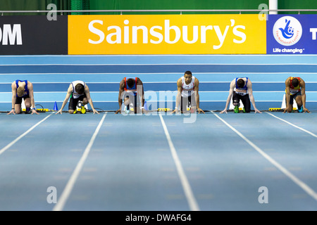 60m Hitze 3, britischen Leichtathletik Indoor-Sheffield England UK. Stockfoto