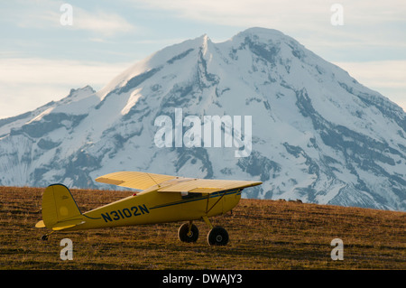 Gelbe Cessna 120 einmotorigen Buschflugzeug in der Tundra in den Bergen vor Mount Redoubt Vulkan, Alaska Stockfoto