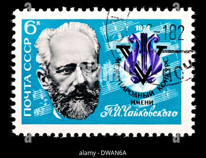 Briefmarke aus der Sowjetunion zeigt Peter Ilich Tchaikovsky, 5. Jahrestag des InternationalTchaikovsky Wettbewerbs Stockfoto