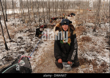 Anchoarge, AK, USA. 4. März 2014. BOB HALLINEN / Anchorage Daily News.Anna Berington erhebt sich nach dem Wechsel ihre Socks im Iditarod Trail in der Mitte der Abschied brennen während des Iditarod Trail Sled Dog Race auf Dienstag, 4. März 2014. Bildnachweis: Bob Hallinen/Anchorage Daily News/ZUMAPRESS.com/Alamy Live News Stockfoto