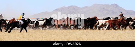 Bayannur, China autonomen Region Innere Mongolei. 4. März 2014. Hirten versuchen, die Pferde während eines Wettkampfes in Wengeng Township von Bayannur Stadt, Nord-China autonomen Region Innere Mongolei, 4. März 2014 lasso. Bildnachweis: Zhi Maosheng/Xinhua/Alamy Live-Nachrichten Stockfoto