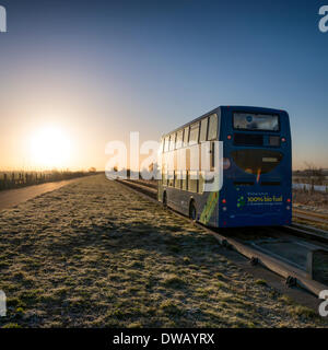 Longstanton, Cambridgeshire, Großbritannien. 5. März 2014. Ein geführte Bus fährt bei Sonnenaufgang auf die geführte Busway in Richtung Cambridge UK an einem frostigen und sonnigen Morgen 5. März 2014.  Ein sonniger Tag im Osten Englands heute mit ein wenig wärmer Prognose später in der Woche erwartet.  Die geführte Busway verläuft von Cambridge nach St. Ives in Cambridgeshire und ist die längste in der Welt mit Busse auf einem speziell dafür gebauten konkrete verfolgen.  Kredit Julian Eales/Alamy Live-Nachrichten Stockfoto