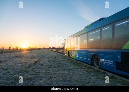 Longstanton, Cambridgeshire, Großbritannien. 5. März 2014. Ein geführte Bus fährt bei Sonnenaufgang auf die geführte Busway in Richtung Cambridge UK an einem frostigen und sonnigen Morgen 5. März 2014.  Ein sonniger Tag im Osten Englands heute mit ein wenig wärmer Prognose später in der Woche erwartet.  Die geführte Busway verläuft von Cambridge nach St. Ives in Cambridgeshire und ist die längste in der Welt mit Busse auf einem speziell dafür gebauten konkrete verfolgen.  Kredit Julian Eales/Alamy Live-Nachrichten Stockfoto