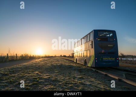 Longstanton, Cambridgeshire, Großbritannien. 5. März 2014. Ein geführte Bus fährt bei Sonnenaufgang auf die geführte Busway in Richtung Cambridge UK an einem frostigen und sonnigen Morgen 5. März 2014.  Ein sonniger Tag im Osten Englands heute mit ein wenig wärmer Prognose später in der Woche erwartet.  Die geführte Busway verläuft von Cambridge nach St. Ives in Cambridgeshire und ist die längste in der Welt mit Busse auf einem speziell dafür gebauten konkrete verfolgen.  Kredit Julian Eales/Alamy Live-Nachrichten Stockfoto