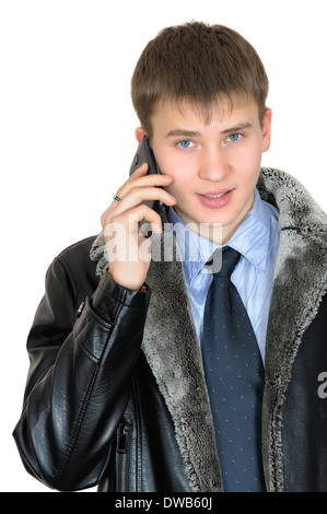 Junger Geschäftsmann telefonieren mit Handy. Isoliert auf weiss Stockfoto