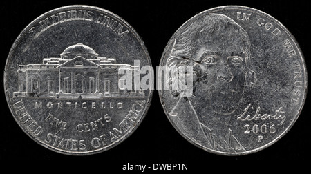 5 Cent Münze, Monticello, USA, 2006 Stockfoto