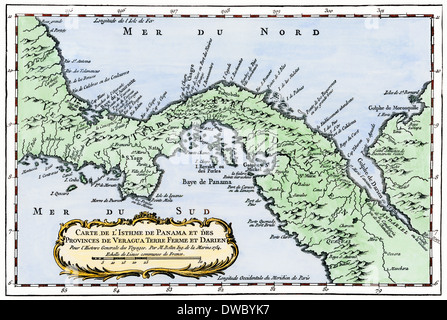 Isthmus von Panama Karte von prevost's Reisen, 1754 (in französischer Sprache). Hand - farbige Holzschnitt Stockfoto