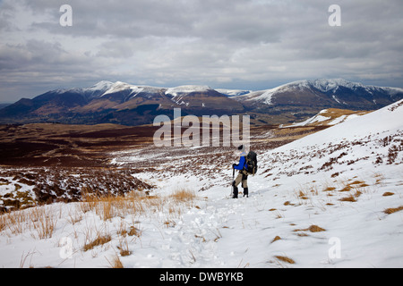 Walker absteigender Bleaberry fiel im Winter mit Skiddaw und Blencathra im Hintergrund Seenplatte UK Stockfoto