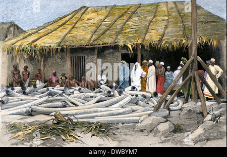 Ivory bei tippu der Tib Camp auf dem Kongo, 1880. Hand - farbige Holzschnitt Stockfoto