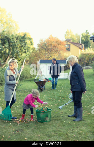 Familie Herbst Rechen verlässt am Hof Stockfoto