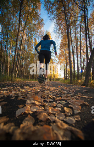 Frau läuft auf einem Pfad bedeckt im Herbst mit Laub. Stockfoto