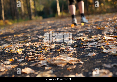 Nahaufnahme von einer Person Fuß zu Fuß auf einem asphaltierten Weg durch Blätter im Herbst Stockfoto
