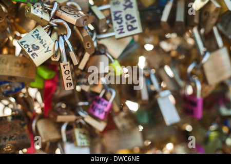 Detail der Schlösser auf der Pont des Arts oder Passerelle des Arts, das liest, "Liebe" im Mittelpunkt. Stockfoto