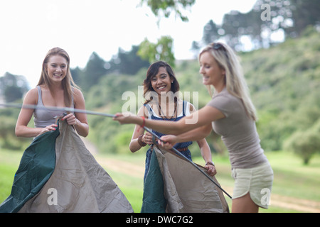 Drei Freunde, Zelt aufstellen, während camping Stockfoto