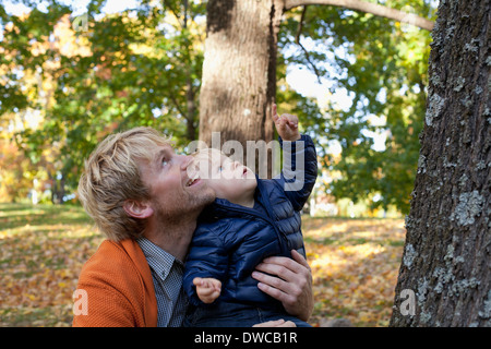 Vater und Sohn spielen an Unterseite des Baums Stockfoto