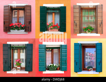 Bunte Fenster in Burano, in der Nähe von Venedig, Italien Stockfoto