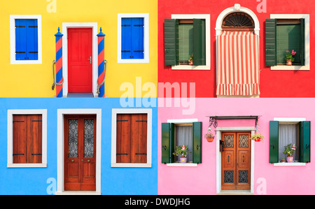 Bunte Fenster und Türen in Burano, in der Nähe von Venedig, Italien Stockfoto