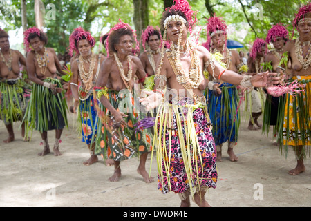 Traditionell kostümierten Tänzerinnen und Tänzer aus der ganzen Insel führen am Santa Ana Island, Salomonen, Südpazifik Stockfoto